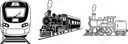 Train vector illustration set featuring modern high speed rail, vintage steam engine locomotive, and classic passenger railway car, isolated on white background,