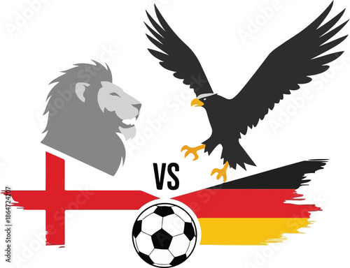 National Soccer Rivalry Between England and Germany Illustration with Lion and Eagle Mascots , Generative Ai