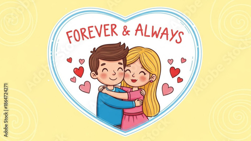 A cartoon illustration of a loving couple embracing in a heart-shaped frame with the words Forever & Always