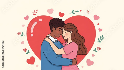 A loving couple embracing in front of a large red heart with flowers and smaller hearts
