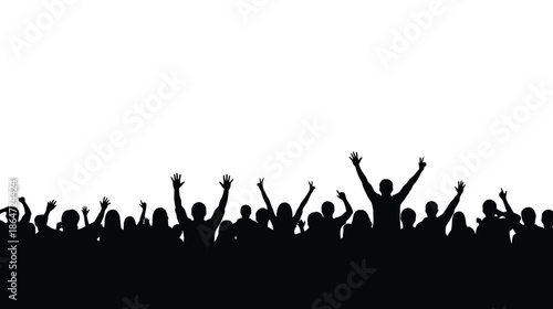 Silhouettes of an energetic crowd with raised hands celebrating a vibrant event