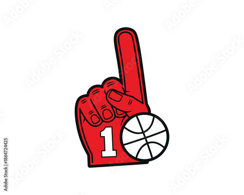 A red foam finger with number one and basketball icon for sport fan support