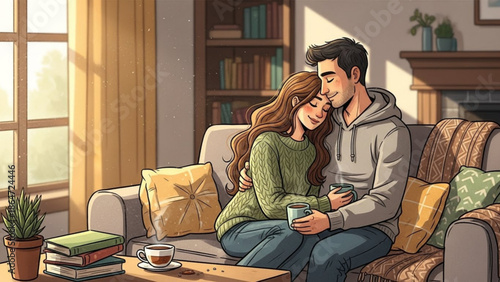 A loving couple sitting together on a couch in a cozy living room with warm lighting
