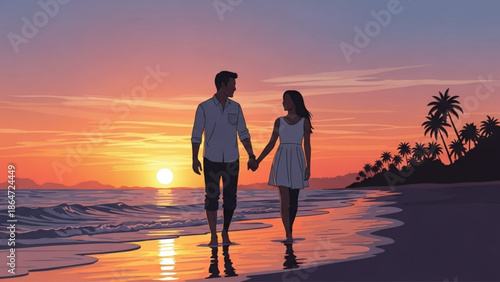 A romantic couple walks hand in hand on a serene beach at sunset with palm trees.