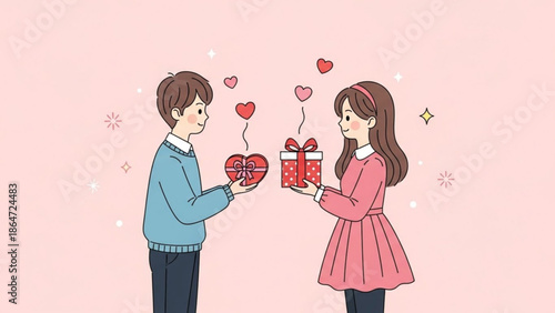 A cartoon illustration of a man and woman exchanging gifts on Valentine's Day with hearts