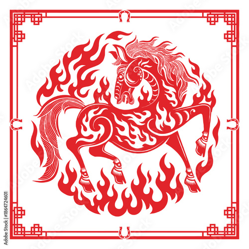 Year of the Fire Horse 2026 Chinese New Year Vector Illustration with Traditional Decorative Border