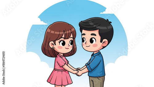 A cartoon illustration of a smiling couple holding hands in front of a blue sky