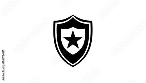 A monochrome shield featuring a star within, stark white outline on a pitch-black backdrop