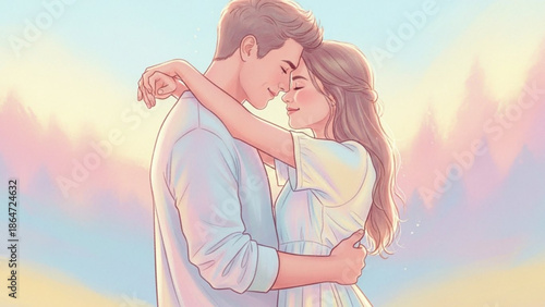 A romantic couple embracing and kissing in a beautiful, serene landscape with a pastel sky