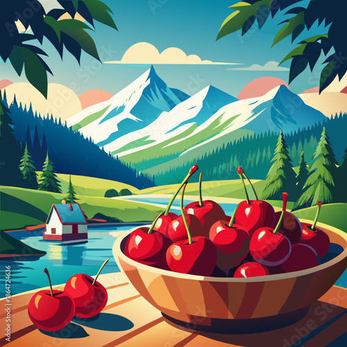 Ceri segar di mangkuk kayu saat piknik musim panas di luar ruangan
