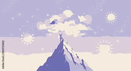 Man on mountain peak celebrates success, reaching summit with arms raised, under cloudy sky with suns