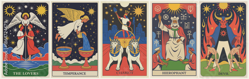 Set of five tarot cards—The Lovers, Temperance, Chariot, Hierophant, Devil—featuring detailed vintage art nouveau illustrations.