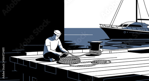 Man tying rope on dock next to yacht, nautical lifestyle, maritime scene