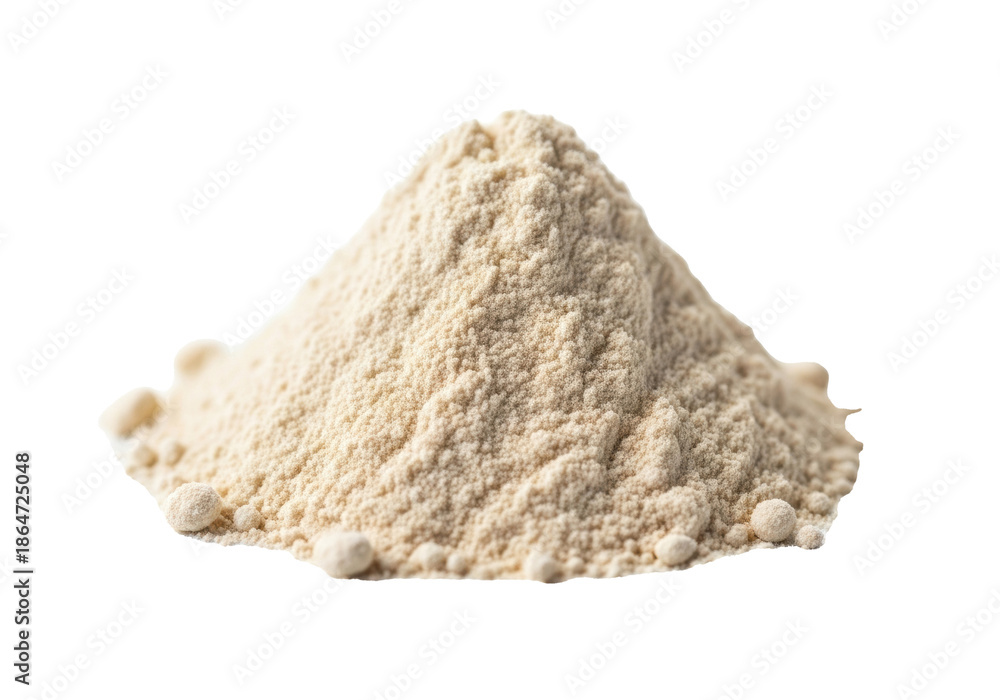 Obraz premium Extreme close-up of an irregular mound of light beige powder, with granular texture, against transparent with high-key lighting, concept of high-quality culinary ingredient