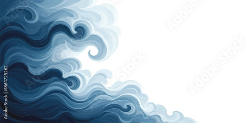 Stylized ocean wave pattern with dynamic blue swirls on a white background