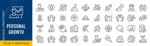 Personal growth web icons in line style. Growth profit, career progress, business people, strategy, coaching, tutorship, collection. Editable stroke. Vector illustration.