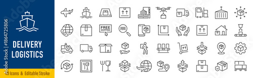 Delivery and logistics web icons in line style. Courier, shipping, express delivery, warehouse, truck, scooter, container, tracking order, support, business. Editable stroke. Vector illustration.