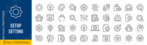 Setup and Settings web icons in line style. Options, download, update, configuration, gears, optimization, collection. Editable stroke. Vector illustration.