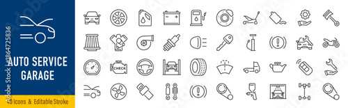 Auto service and garage web icons in line style. Car, automobile, wash, shop, oil, maintenance, engine, diagnostic, rapair, tire. Editable stroke. Vector illustration.