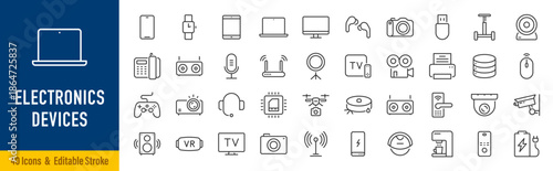 Electronics and Devices web icons in line style. Computing, social network, management, internet, network, programming, Internet connection collection. Editable stroke. Vector illustration.