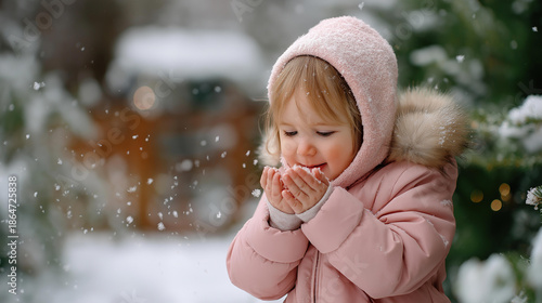 Portrait of toddler child in pink coat smiling faceless, standing in snow catching snowflakes, winter snowing cold happy holidays white christmas defocused, with copy space