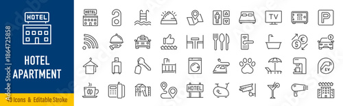 Hotel and apartment web icons in line style. Rental, reservation, hotel booking, room, parking, travel, service, airport, collection. Editable stroke. Vector illustration.