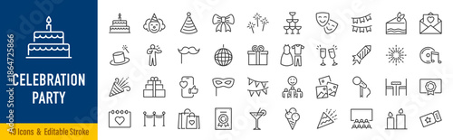 Celebration and Party web icons in line style. Birthday, dancing, happy new year, christmas, event, holidays, congrats, music, carnival, collection. Editable stroke. Vector illustration.