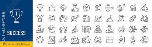 Success web icons in line style. Handshake, growth profit, innovation, increase sale, coaching, progress, strategy, achievment, collection. Editable stroke. Vector illustration.
