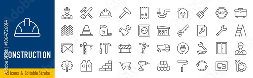 Construction web icons in line style. Building, engineer, business, road, repair tools, equipment, helmet, crane, builder, industry collection. Editable stroke. Vector illustration.