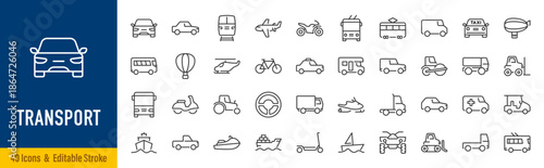 Transport and vehicle web icons in line style. Cars, airplane, bus, parking, travel, train, bike, scooter, truck, helicopter, collection. Editable stroke. Vector illustration.