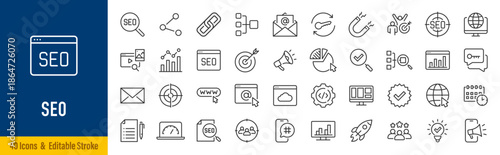 SEO web icons in line style. Contact, target, business and marketing, traffic, ranking, optimization, website collection. Editable stroke. Vector illustration.