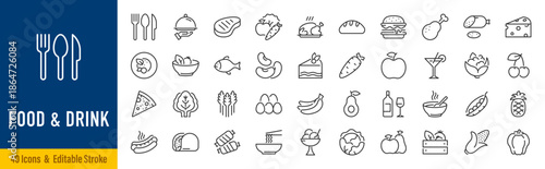 Food and Drink web icon set in line style. Meal, restaurant, dishes, fruits, fastfood, burger, pizza, coffee, sandwich, collection. Editable stroke. Vector illustration.