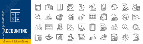 Accounting web icon in line style. Assessment, calculator, check mark, auditing, inspection, investment, calculation, analytics, collection. Editable stroke. Vector illustration.