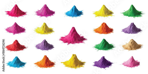 A collection of vibrant colored powder piles used in holi festival and other celebrations