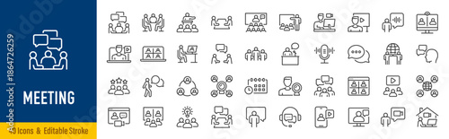 Meeting web icon set in line style. Conference, team, brainstorm, seminar, interview, collection. Editable stroke. Vector illustration.