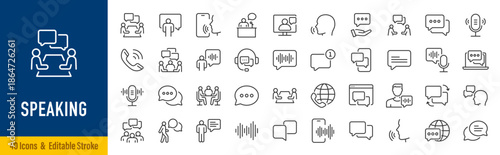 Speaking web icon in line style. Chat, speech bubble, talking, point, chat, support, message, phone, globe, call, info collection. Editable stroke. Vector illustration.