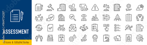 Assessment web icon in line style. Calculator, check mark, auditing, inspection, investment, calculation, analytics, collection. Editable stroke. Vector illustration.