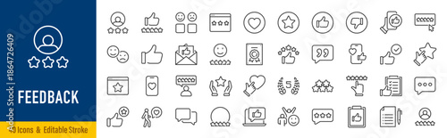 Feedback web icons in line style. Testimonials, like, comment, marketing, survey, confirmation, collection. Editable stroke. Vector illustration.