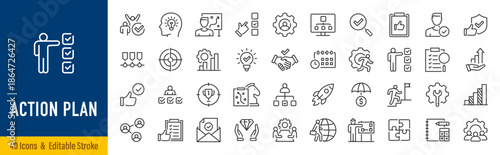 Action plan web icon set in line style. Schedule, plan, implementation, strategy, analysis, collaboration, check, collection. Editable stroke. Vector illustration.