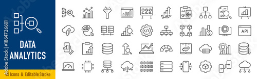 Data Analytics web icon in line style. Graphs, analysis, big data processing, growth, statistics, analytics, chart, research network collection. Editable stroke. Vector illustration.
