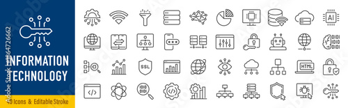 Information Technology web icon set in line style. Network, web design, website, computer, software, progress, programming, data, internet, collection. Editable stroke. Vector illustration.