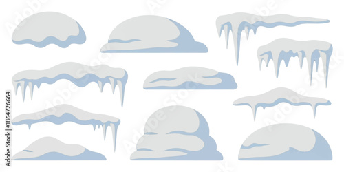 A collection of various cartoon winter snow piles and icy elements with icicles