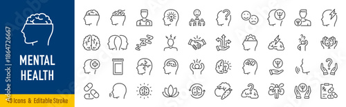 Mental health web icons in line style. Depression, psychotherapy, psychological, bipolar, negative thinking, obsession, collection. Editable stroke. Vector illustration.