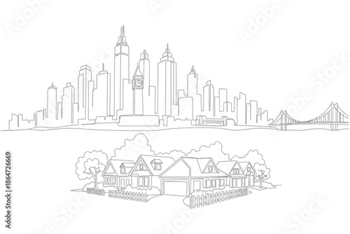 Continuous Line Drawing of Urban Skyline and Suburban Neighborhood Contrast
