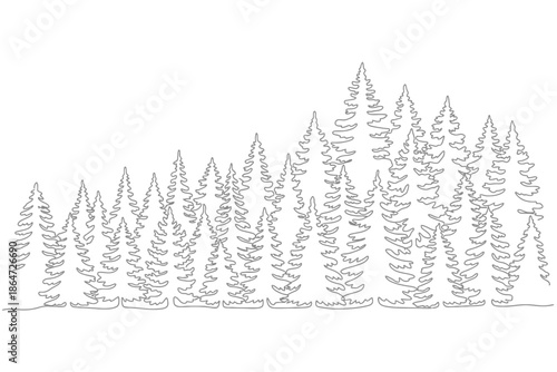 Continuous one line drawing of a dense forest or woodland landscape featuring numerous pine trees