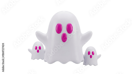 Three cartoon ghosts with pink eyes on a white background