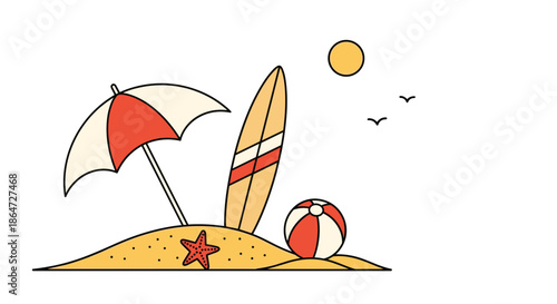 Colorful beach vacation scene featuring a red and white umbrella, a striped surfboard, a beach ball, and a starfish on sand.