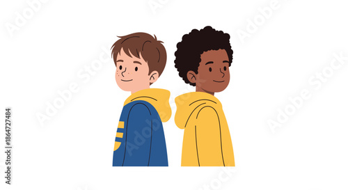 Two diverse young boys standing back to back wearing blue and yellow hoodies against a plain white background for social themes.