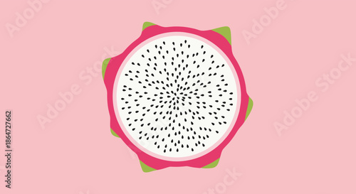 Top view of a fresh cross section slice of a dragon fruit with white flesh and black seeds on a solid pink background.