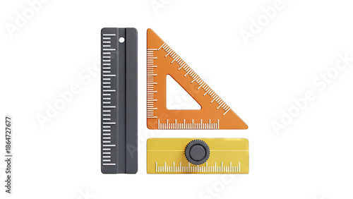 Three drafting tools: ruler, triangle ruler, and protractor